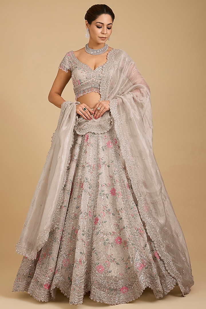 Grey Tissue Sequins Embroidered Bridal Lehenga Set by Vedant G at Pernia's Pop Up Shop