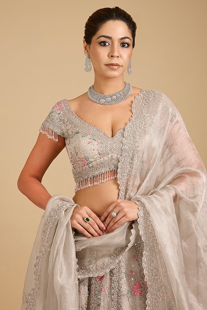 Grey Tissue Sequins Embroidered Bridal Lehenga Set by Vedant G at Pernia's Pop Up Shop