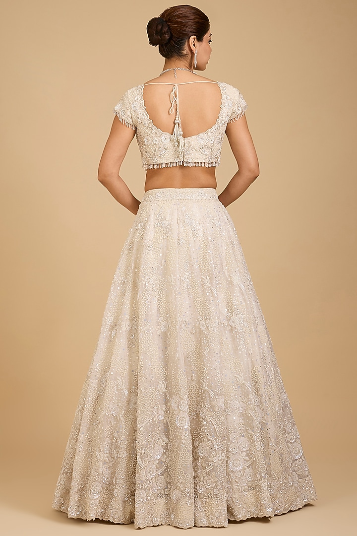 Ivory Organza Sequins Embroidered Bridal Lehenga Set by Vedant G at Pernia's Pop Up Shop