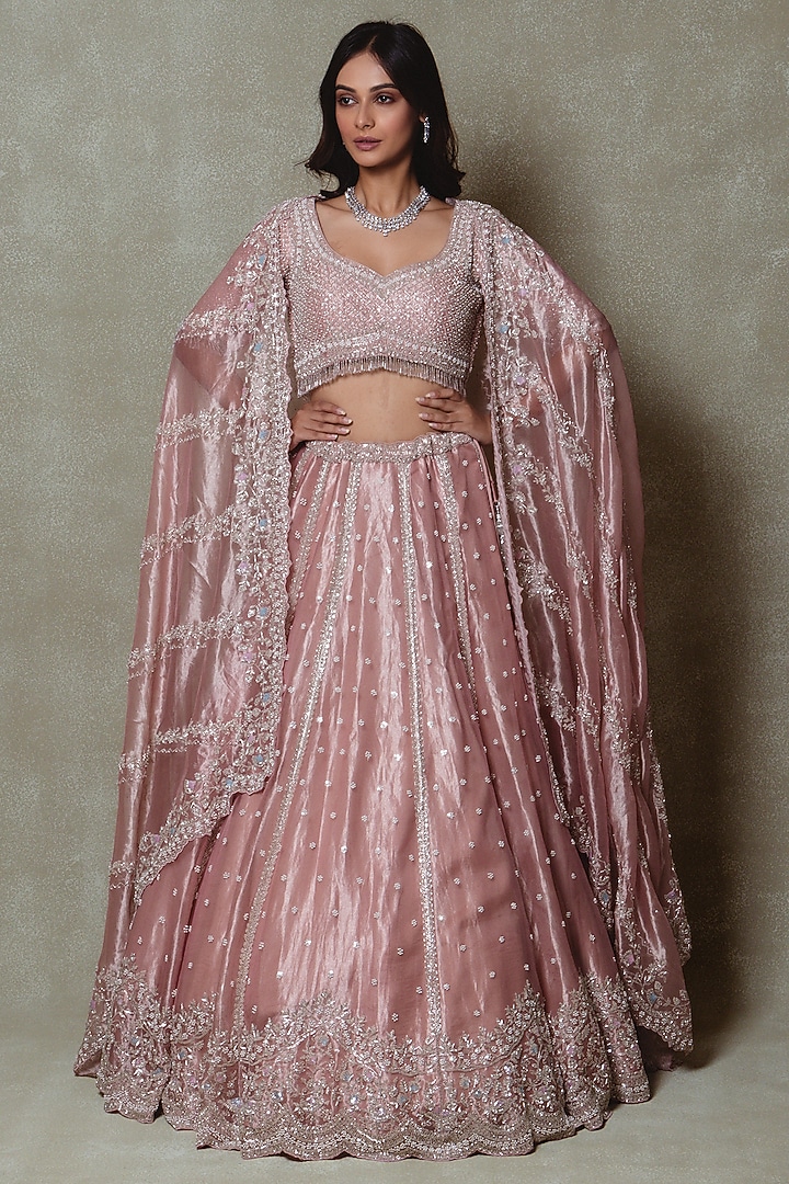 Rose Pink Tissue Sequins Embroidered Bridal Lehenga Set by Vedant G at Pernia's Pop Up Shop