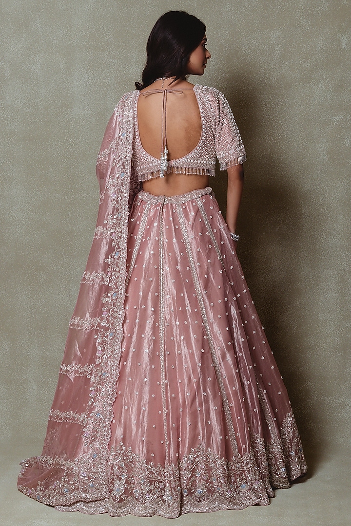 Rose Pink Tissue Sequins Embroidered Bridal Lehenga Set by Vedant G at Pernia's Pop Up Shop