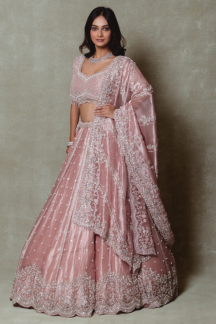 Rose Pink Tissue Sequins Embroidered Bridal Lehenga Set by Vedant G at Pernia's Pop Up Shop