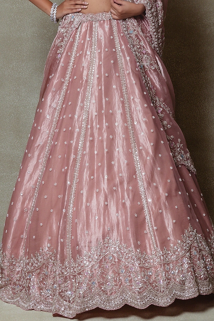 Rose Pink Tissue Sequins Embroidered Bridal Lehenga Set by Vedant G at Pernia's Pop Up Shop