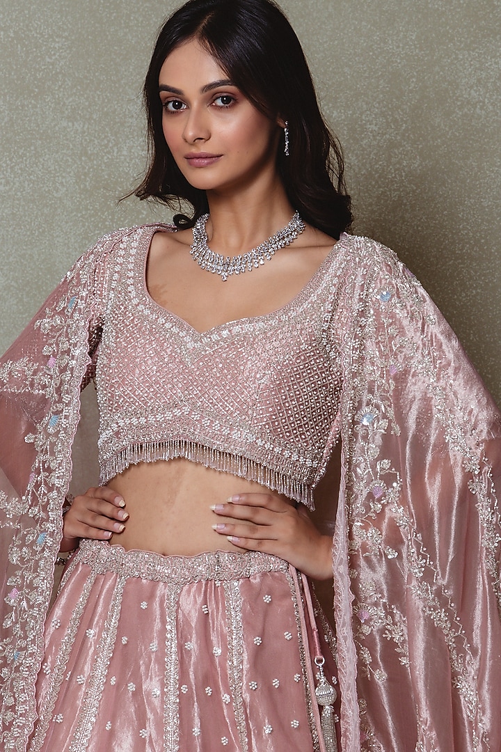 Rose Pink Tissue Sequins Embroidered Bridal Lehenga Set by Vedant G at Pernia's Pop Up Shop