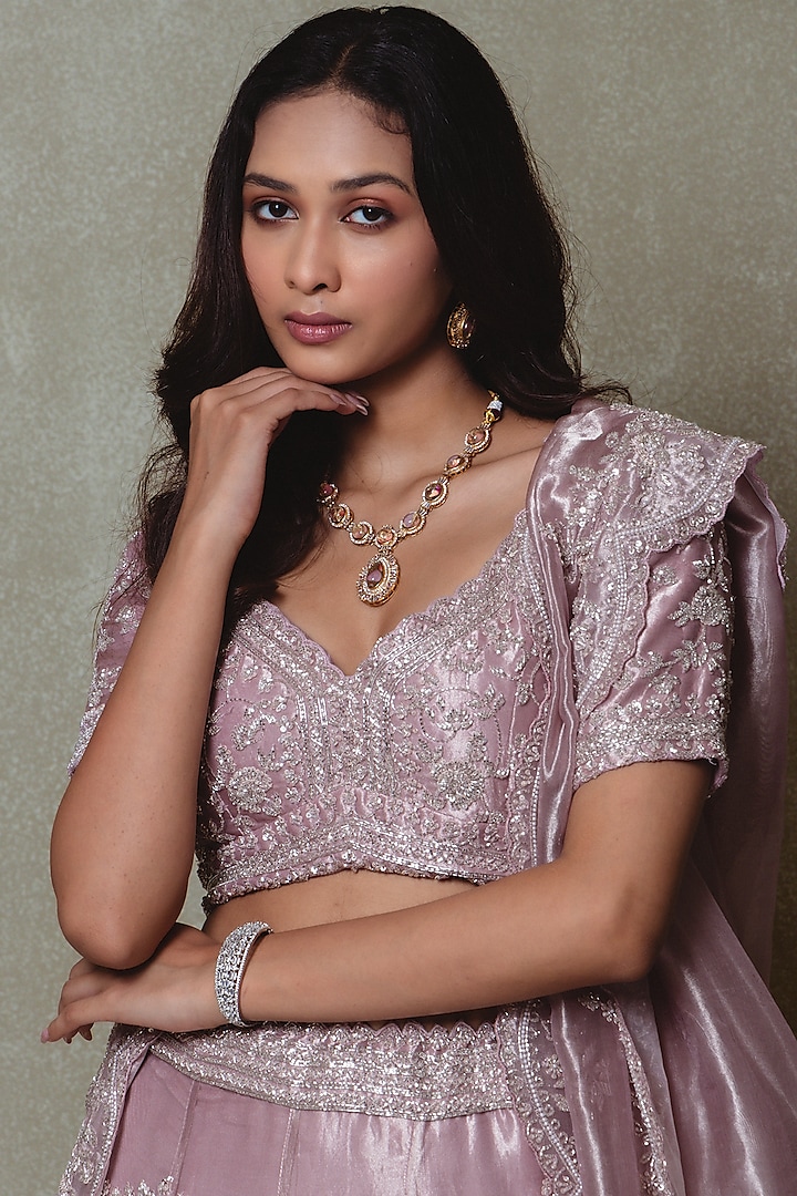 Lavender Tissue Sequins Embroidered Bridal Lehenga Set by Vedant G at Pernia's Pop Up Shop