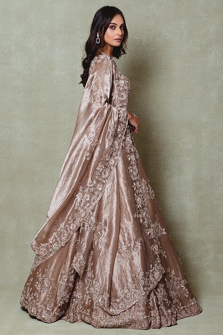 Brown & Silver Tissue Sequins Embroidered Bridal Lehenga Set by Vedant G at Pernia's Pop Up Shop
