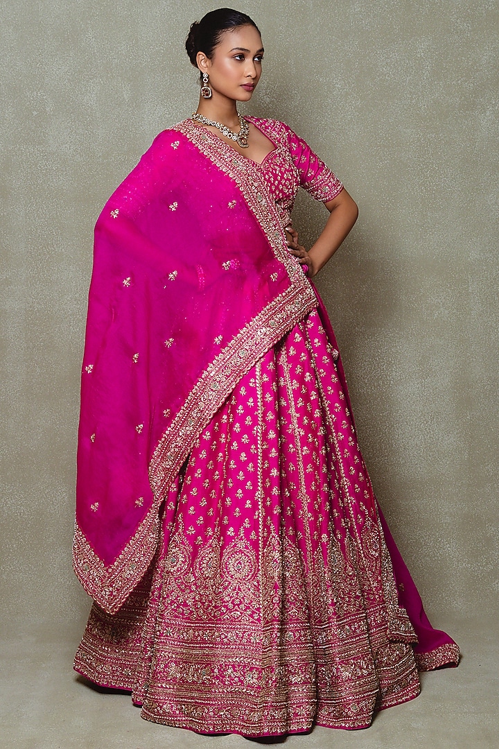 Rani Pink Raw Silk Zardozi Embroidered Bridal Lehenga Set by Vedant G at Pernia's Pop Up Shop