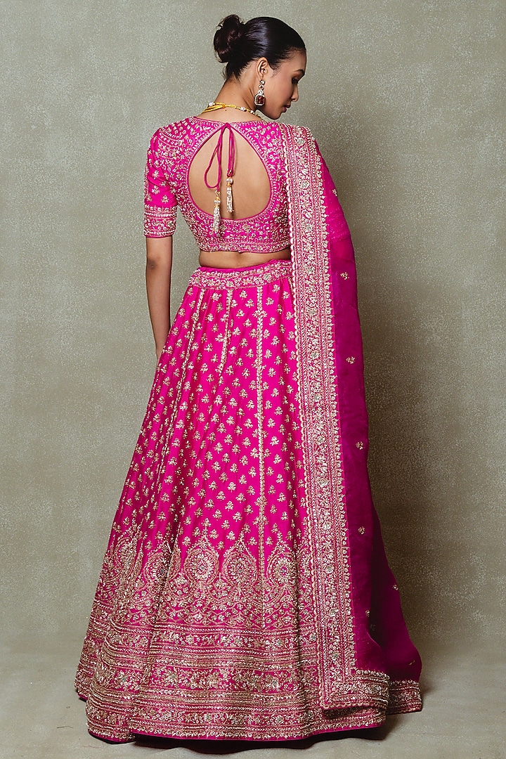Rani Pink Raw Silk Zardozi Embroidered Bridal Lehenga Set by Vedant G at Pernia's Pop Up Shop