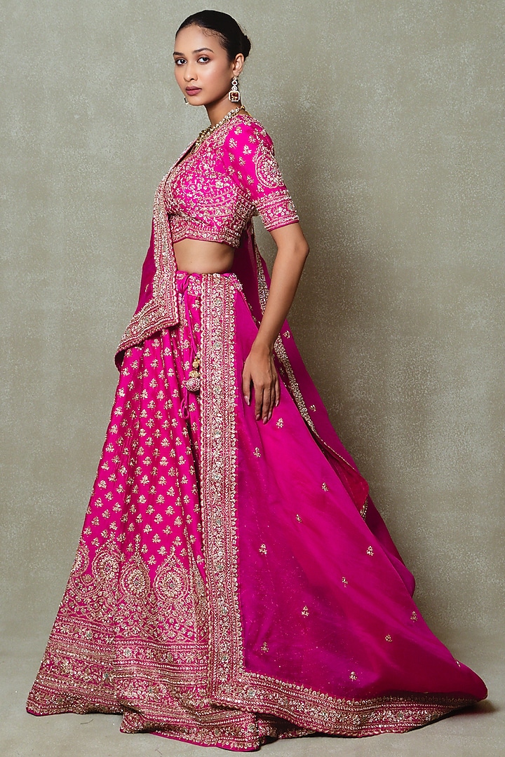 Rani Pink Raw Silk Zardozi Embroidered Bridal Lehenga Set by Vedant G at Pernia's Pop Up Shop
