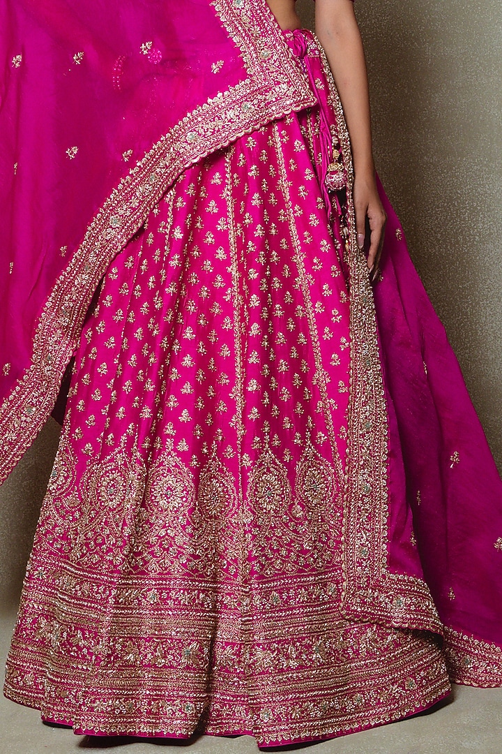 Rani Pink Raw Silk Zardozi Embroidered Bridal Lehenga Set by Vedant G at Pernia's Pop Up Shop