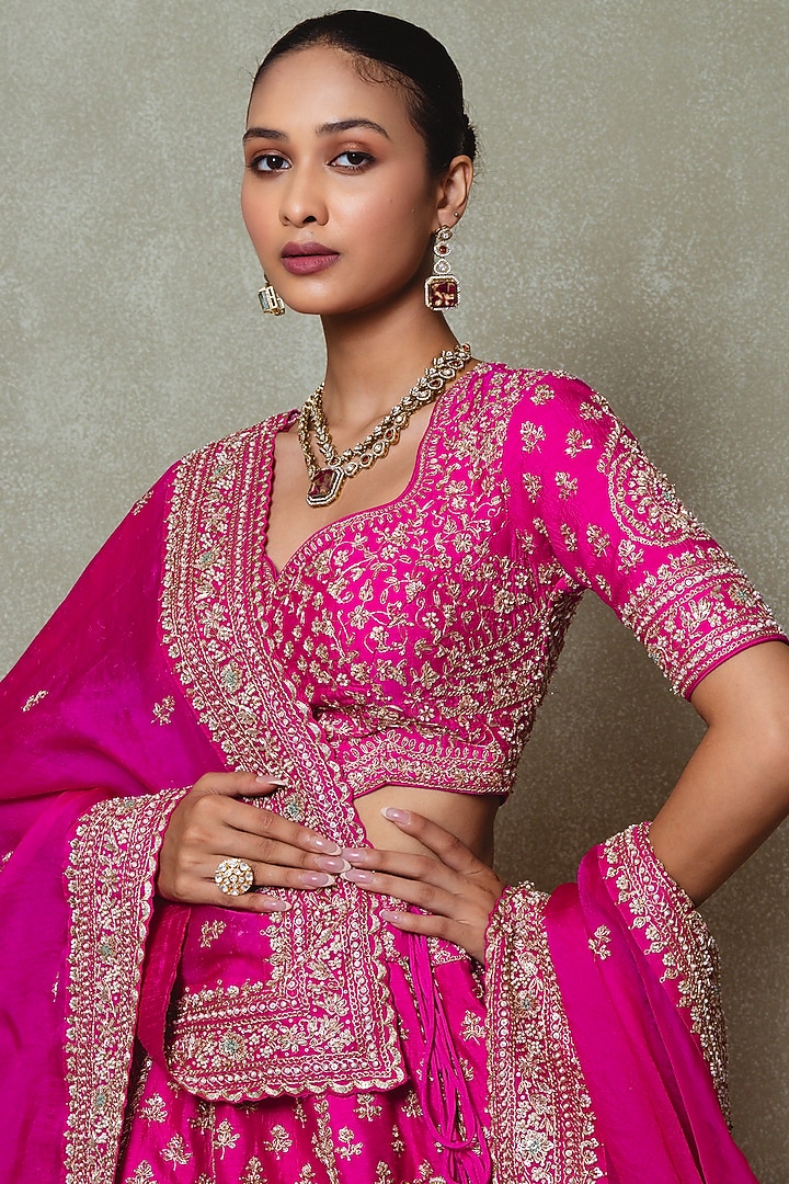 Rani Pink Raw Silk Zardozi Embroidered Bridal Lehenga Set by Vedant G at Pernia's Pop Up Shop