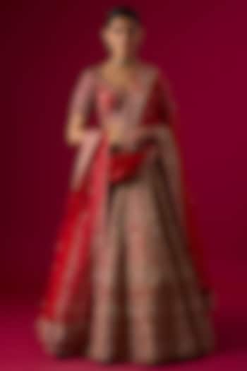 Red Silk Zardosi Embroidered Bridal Lehenga Set by Vedant G at Pernia's Pop Up Shop