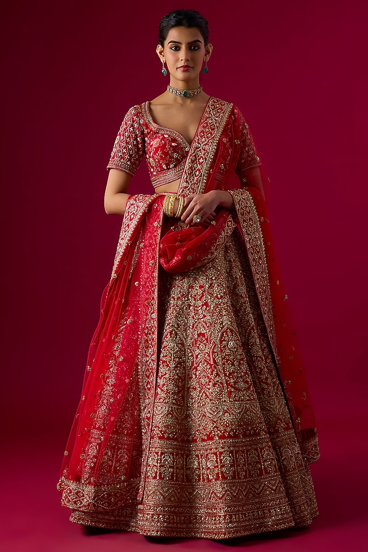 Red Silk Zardosi Embroidered Bridal Lehenga Set by Vedant G at Pernia's Pop Up Shop