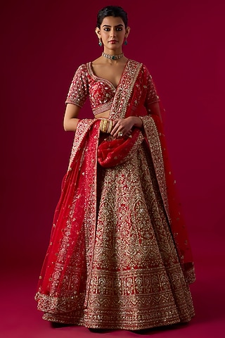 Red Silk Zardosi Embroidered Lehenga Set by Vedant G