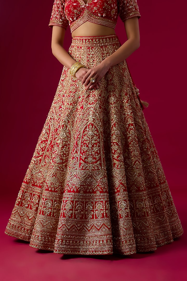 Red Silk Zardosi Embroidered Bridal Lehenga Set by Vedant G at Pernia's Pop Up Shop