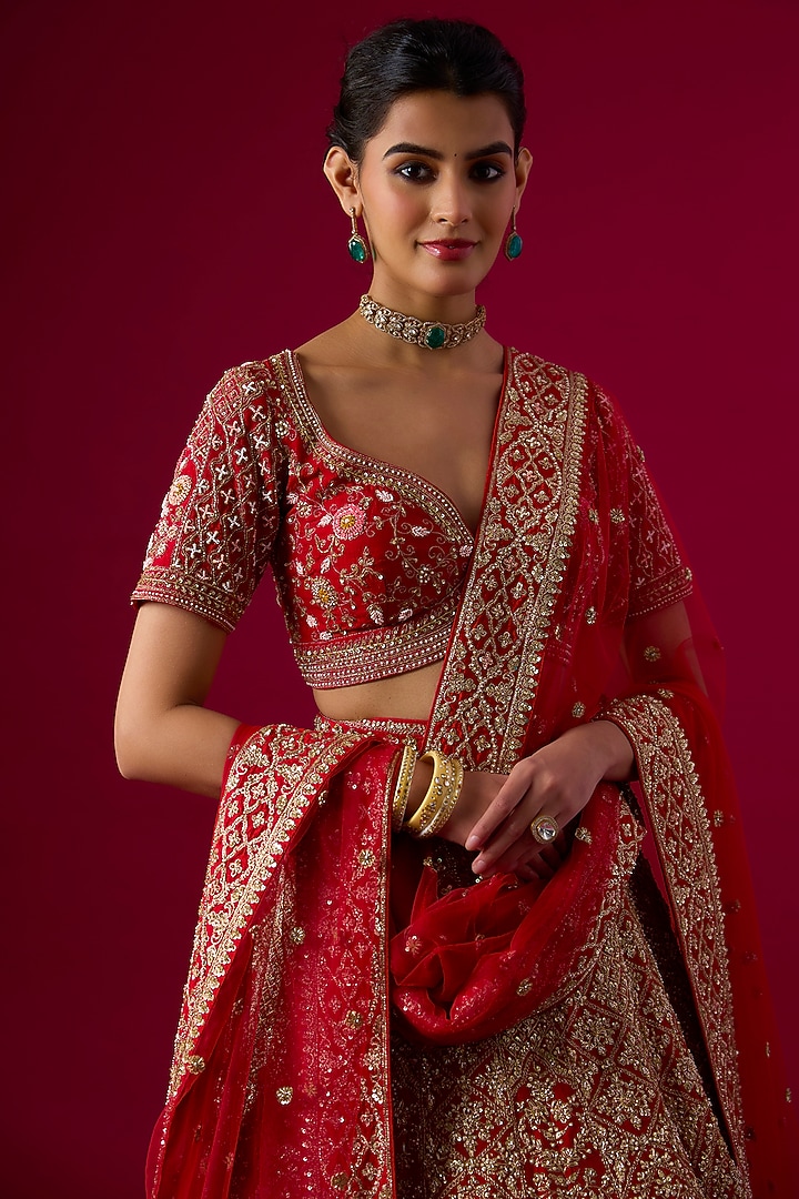 Red Silk Zardosi Embroidered Bridal Lehenga Set by Vedant G at Pernia's Pop Up Shop