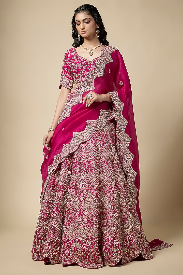 Fuchsia Pink Silk Zardosi Embroidered Bridal Lehenga Set by Vedant G at Pernia's Pop Up Shop