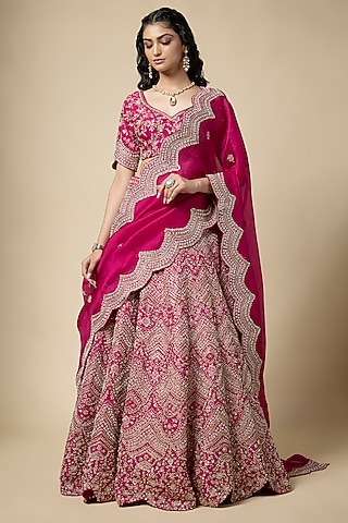 Fuchsia Pink Silk Zardosi Embroidered Lehenga Set by Vedant G