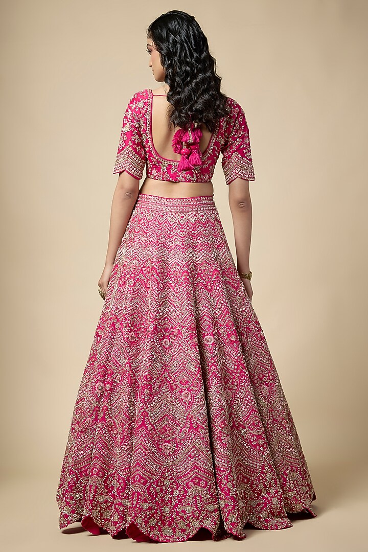 Fuchsia Pink Silk Zardosi Embroidered Bridal Lehenga Set by Vedant G at Pernia's Pop Up Shop