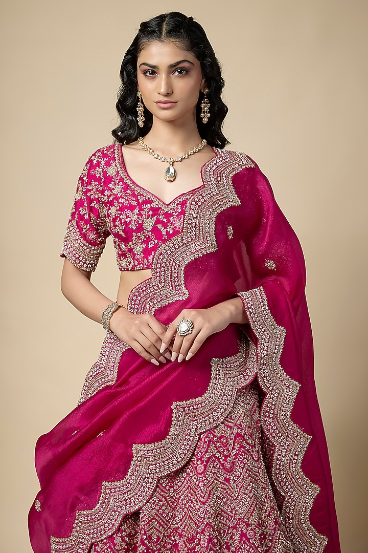 Fuchsia Pink Silk Zardosi Embroidered Bridal Lehenga Set by Vedant G at Pernia's Pop Up Shop