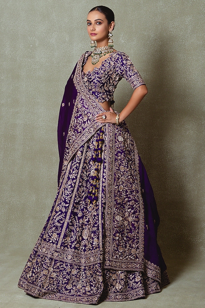 Purple Raw Silk Zardozi Embroidered Bridal Lehenga Set by Vedant G at Pernia's Pop Up Shop