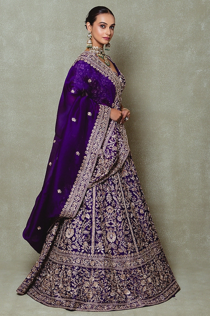 Purple Raw Silk Zardozi Embroidered Bridal Lehenga Set by Vedant G at Pernia's Pop Up Shop