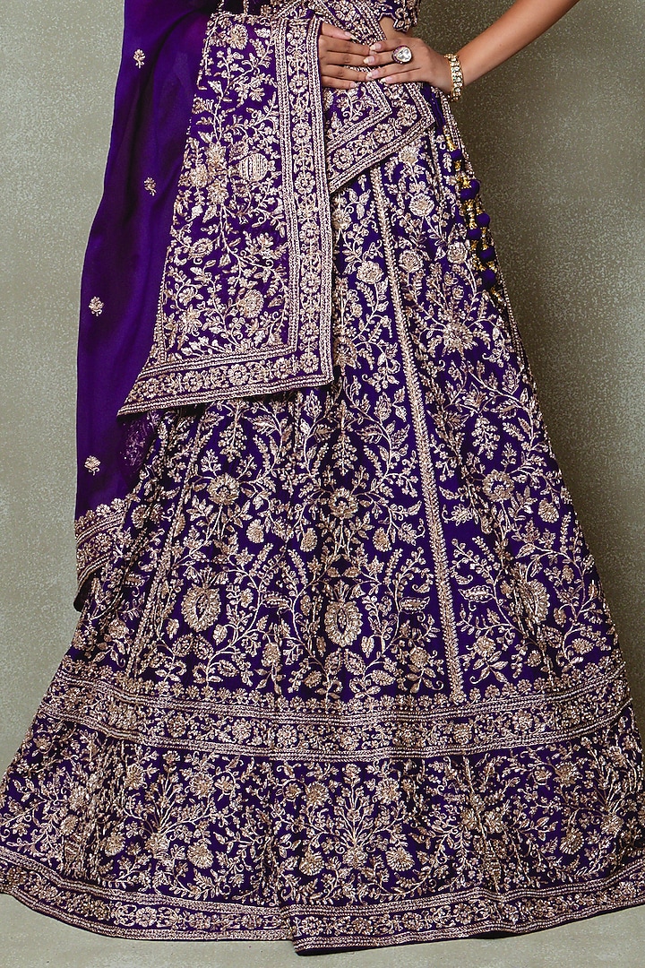 Purple Raw Silk Zardozi Embroidered Bridal Lehenga Set by Vedant G at Pernia's Pop Up Shop