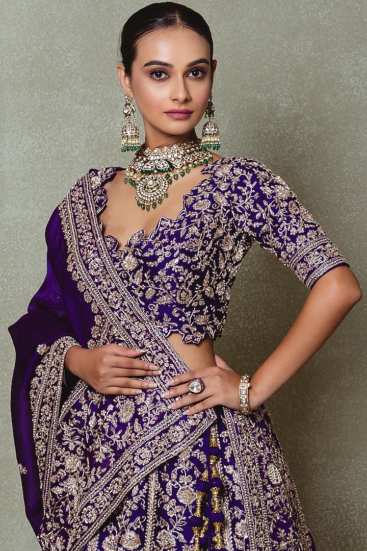 Purple Raw Silk Zardozi Embroidered Bridal Lehenga Set by Vedant G at Pernia's Pop Up Shop