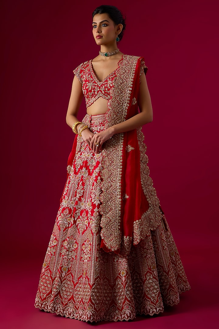 Red Silk Zardosi Embroidered Bridal Lehenga Set by Vedant G at Pernia's Pop Up Shop