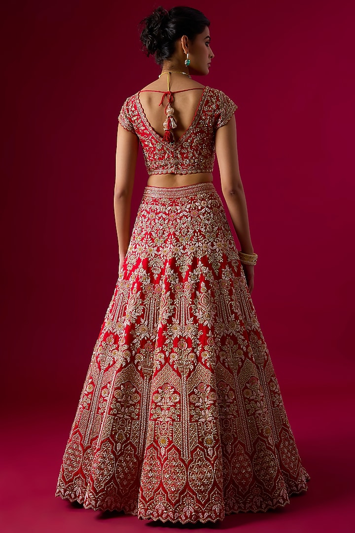 Red Silk Zardosi Embroidered Bridal Lehenga Set by Vedant G at Pernia's Pop Up Shop