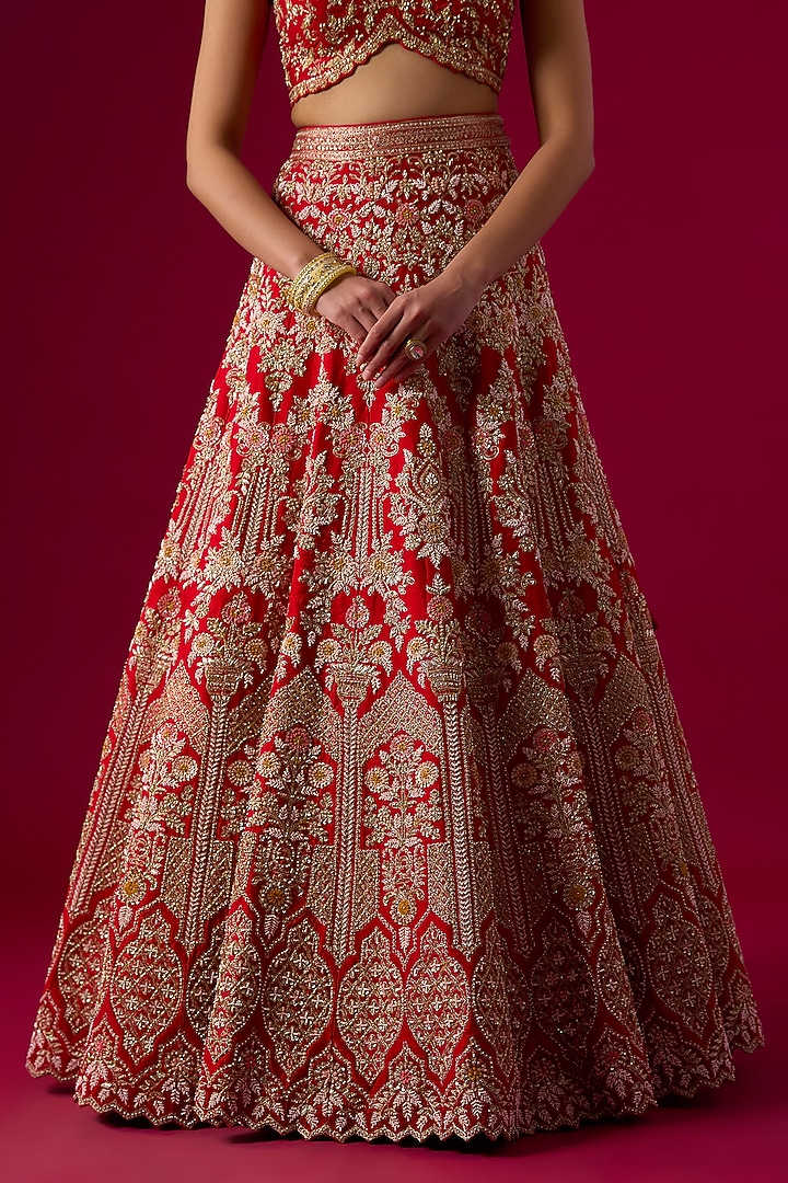 Red Silk Zardosi Embroidered Bridal Lehenga Set by Vedant G at Pernia's Pop Up Shop
