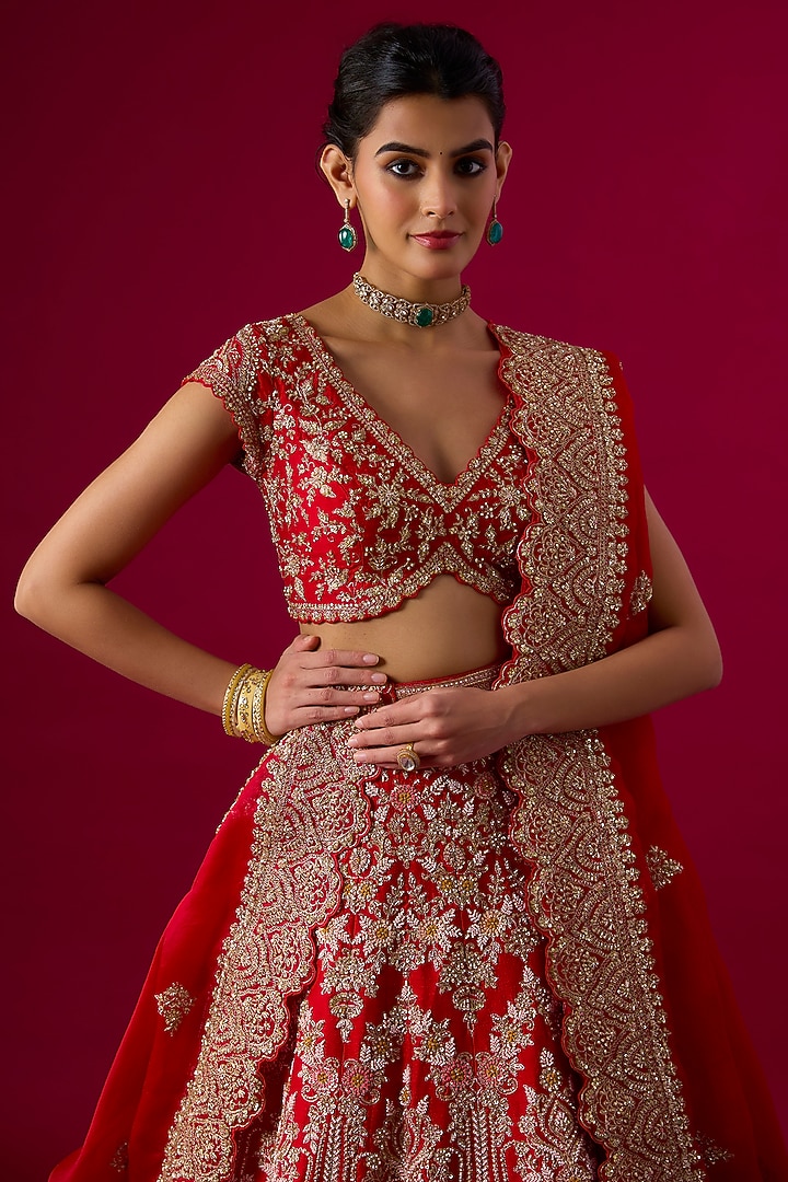 Red Silk Zardosi Embroidered Bridal Lehenga Set by Vedant G at Pernia's Pop Up Shop