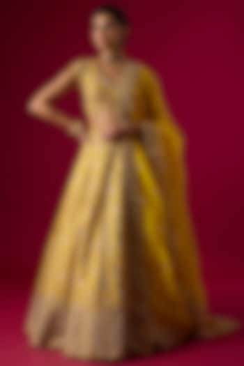 Yellow Silk Brocade Zardosi Embroidered Bridal Lehenga Set by Vedant G at Pernia's Pop Up Shop