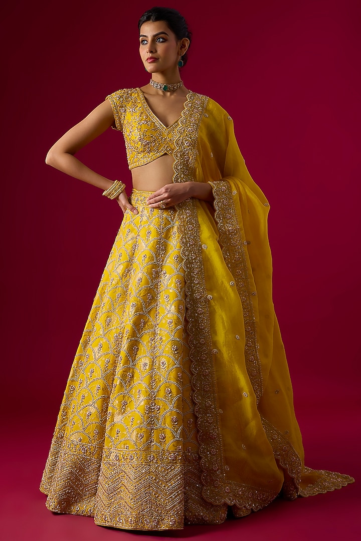 Yellow Silk Brocade Zardosi Embroidered Bridal Lehenga Set by Vedant G at Pernia's Pop Up Shop