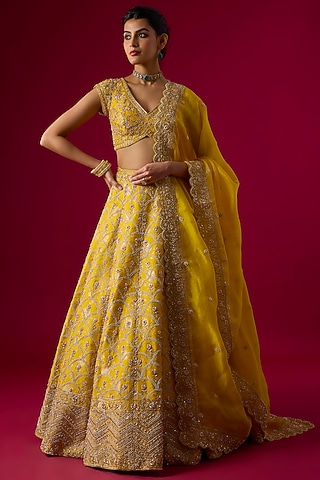 Yellow Silk Brocade Zardosi Embroidered Lehenga Set by Vedant G