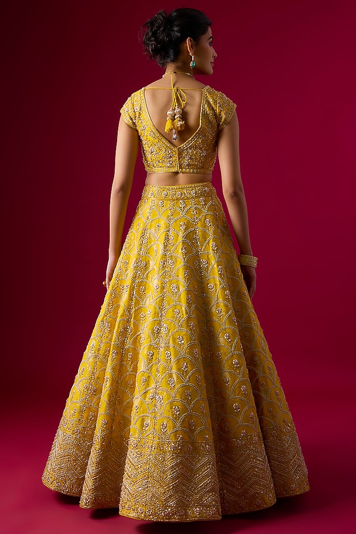 Yellow Silk Brocade Zardosi Embroidered Bridal Lehenga Set by Vedant G at Pernia's Pop Up Shop