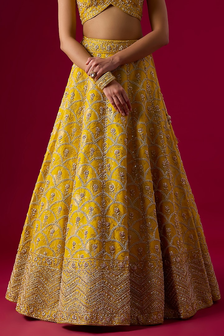 Yellow Silk Brocade Zardosi Embroidered Bridal Lehenga Set by Vedant G at Pernia's Pop Up Shop