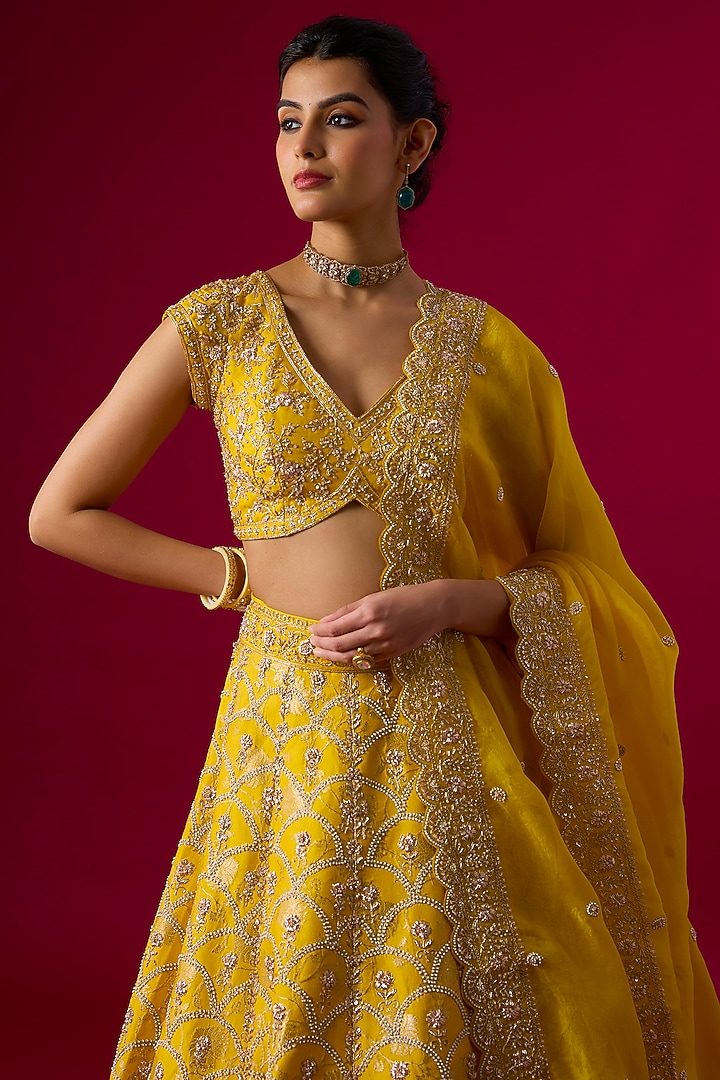 Yellow Silk Brocade Zardosi Embroidered Bridal Lehenga Set by Vedant G at Pernia's Pop Up Shop