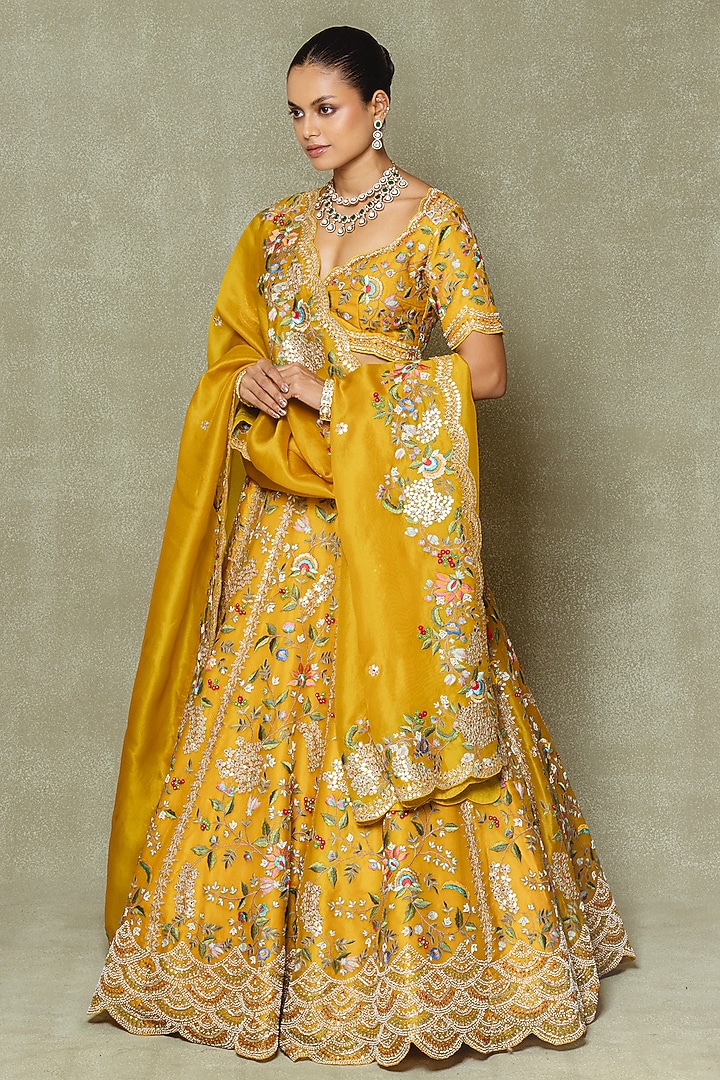 Yellow Organza Dori & Gota Embroidered Bridal Lehenga Set by Vedant G at Pernia's Pop Up Shop