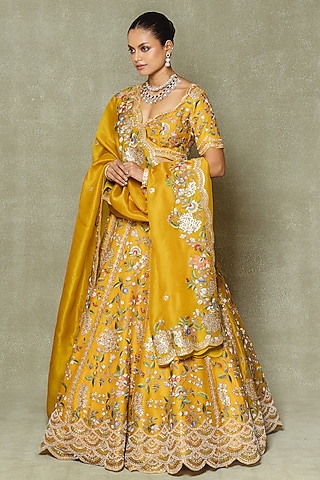 Yellow Organza Dori & Gota Embroidered Lehenga Set by Vedant G