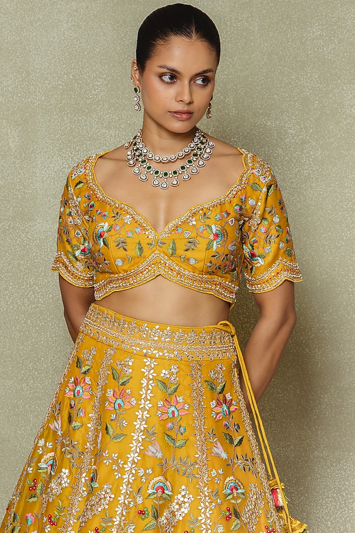Yellow Organza Dori & Gota Embroidered Bridal Lehenga Set by Vedant G at Pernia's Pop Up Shop