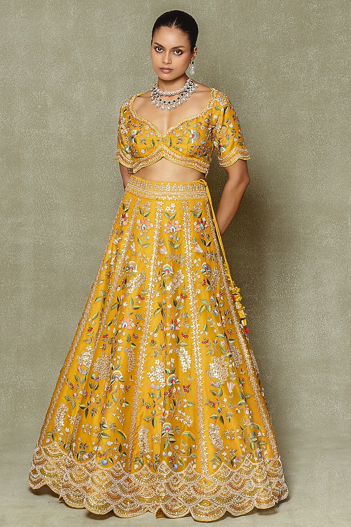 Yellow Organza Dori & Gota Embroidered Bridal Lehenga Set by Vedant G at Pernia's Pop Up Shop