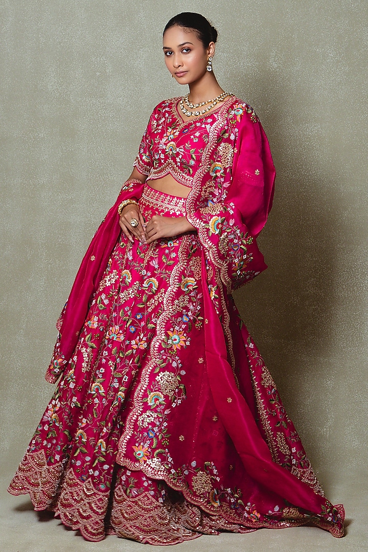 Rani Pink Organza Dori & Thread Embroidered Bridal Lehenga Set by Vedant G at Pernia's Pop Up Shop