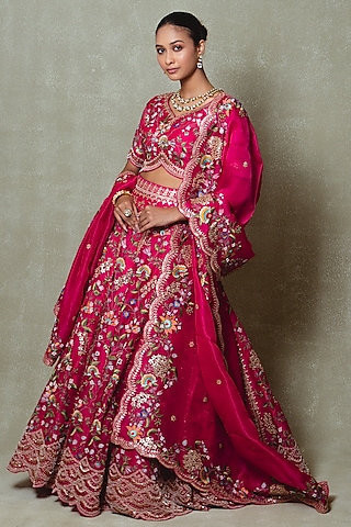 Rani Pink Organza Dori & Thread Embroidered Lehenga Set by Vedant G