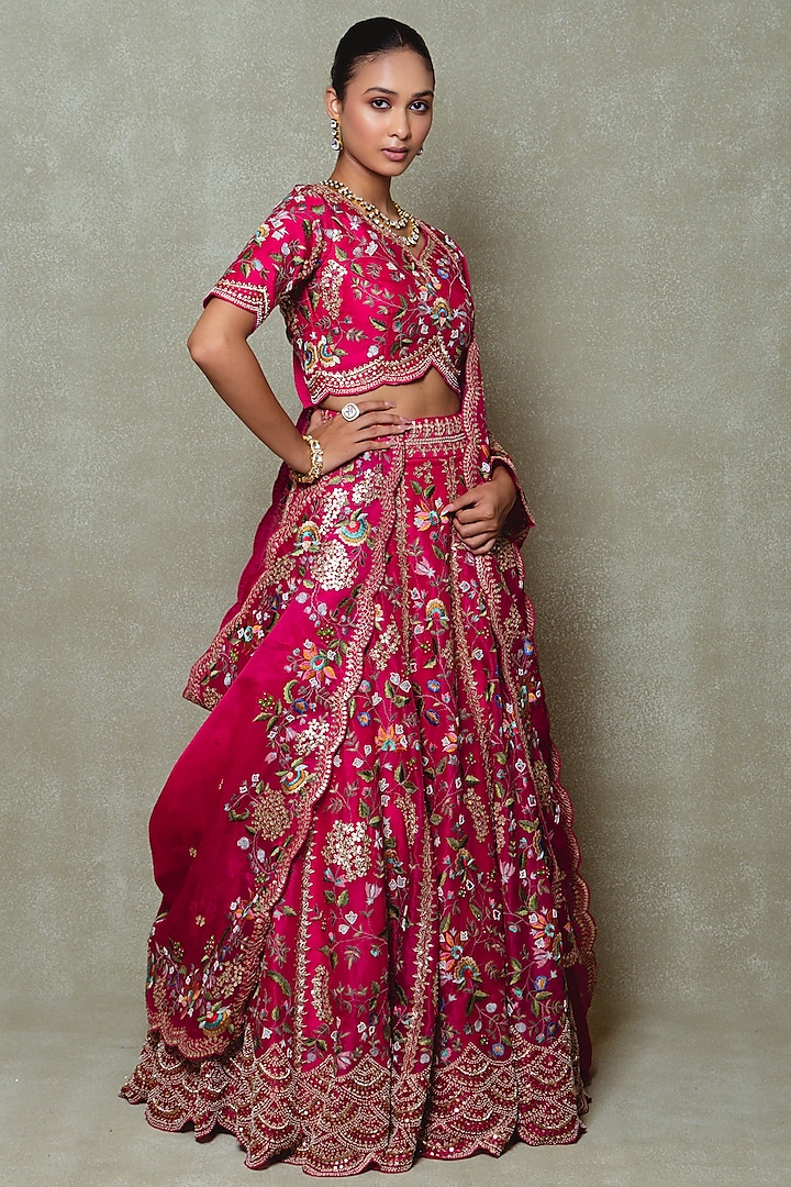 Rani Pink Organza Dori & Thread Embroidered Bridal Lehenga Set by Vedant G at Pernia's Pop Up Shop