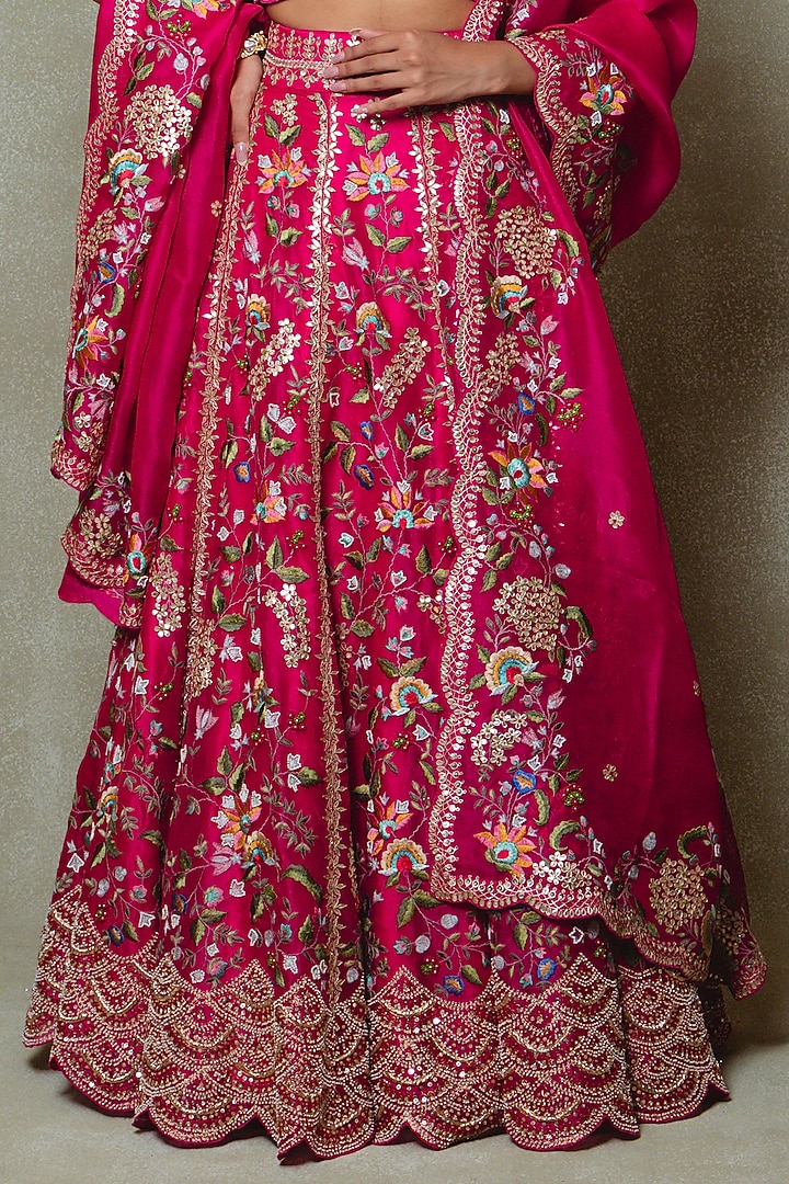 Rani Pink Organza Dori & Thread Embroidered Bridal Lehenga Set by Vedant G at Pernia's Pop Up Shop