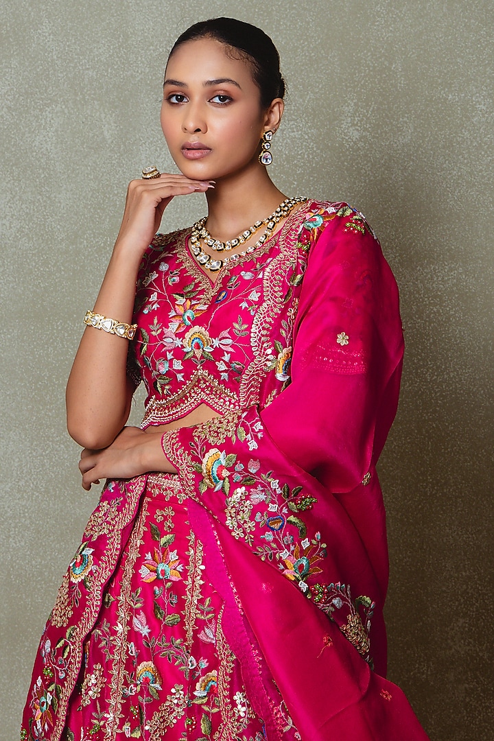 Rani Pink Organza Dori & Thread Embroidered Bridal Lehenga Set by Vedant G at Pernia's Pop Up Shop