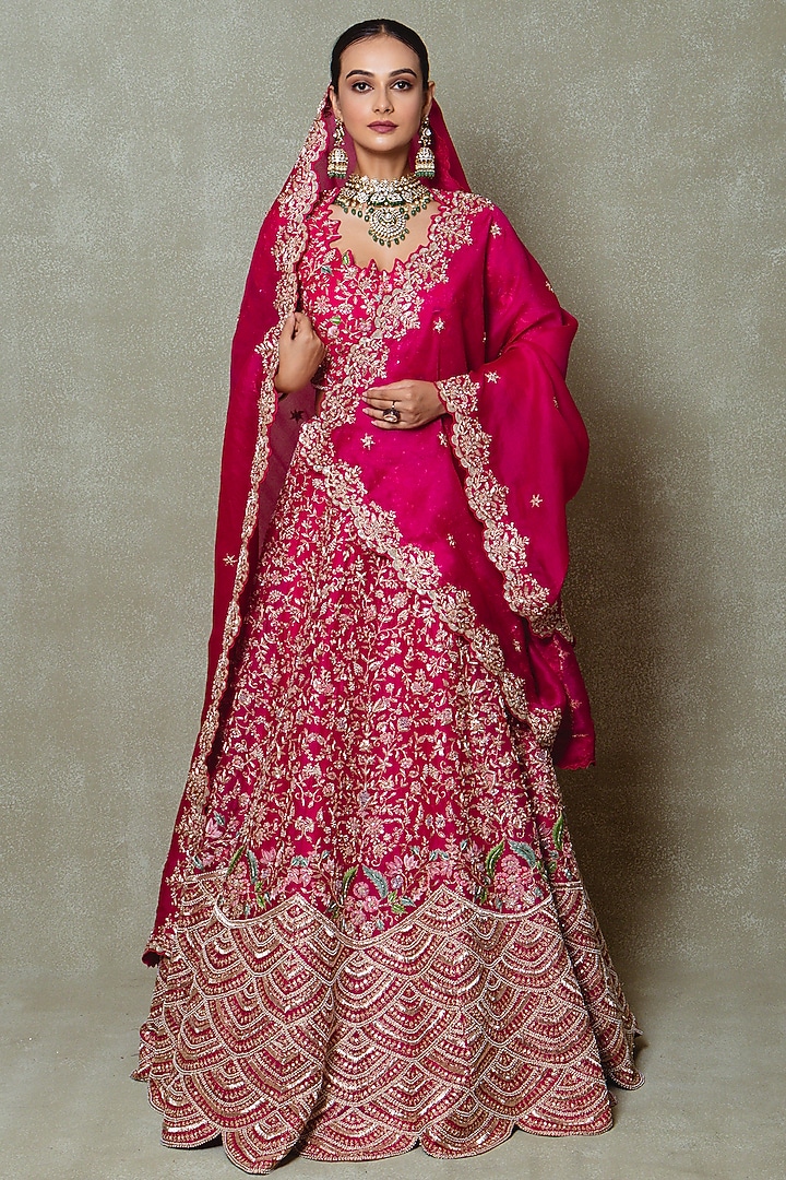 Rani Pink Organza Zardozi Embroidered Bridal Lehenga Set by Vedant G at Pernia's Pop Up Shop