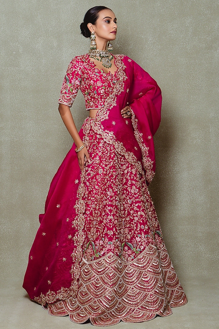 Rani Pink Organza Zardozi Embroidered Bridal Lehenga Set by Vedant G at Pernia's Pop Up Shop