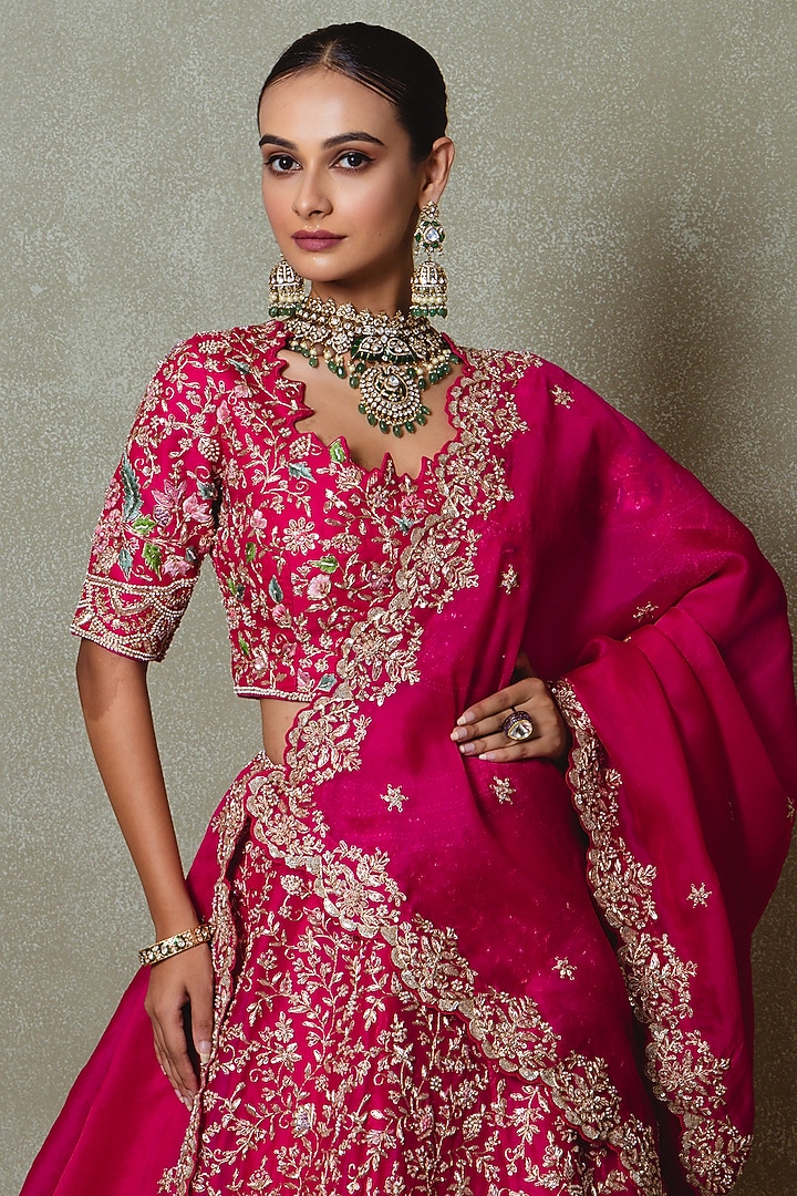 Rani Pink Organza Zardozi Embroidered Bridal Lehenga Set by Vedant G at Pernia's Pop Up Shop